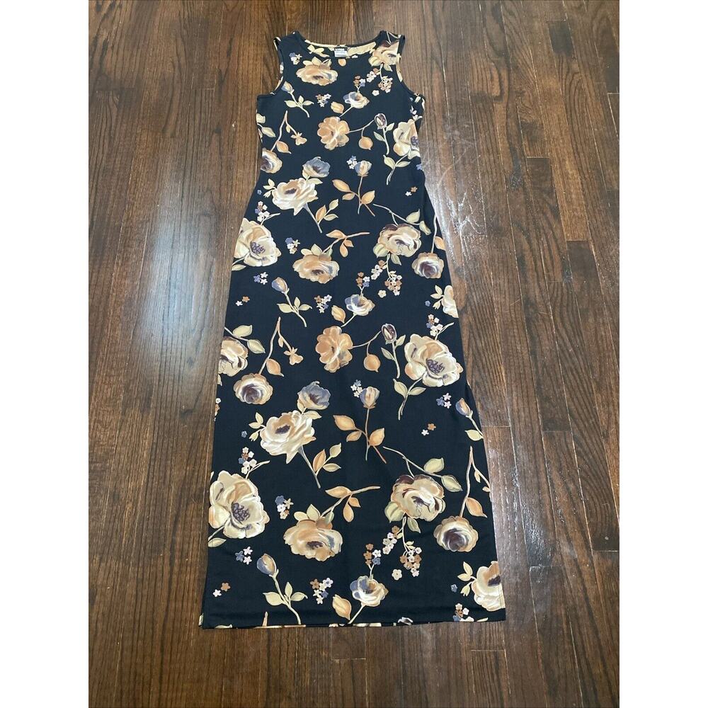 Vintage 90s y2k Knapp Studio Floral Maxi Tank Dress Size L Black Sleeveless Long
